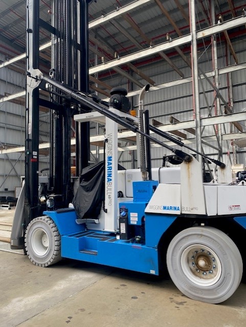 Taylor TMH125 Marine forklift for sale 25000 capacity 30' used to hoist boats and Travel lift into Wiggins dry storage racks at boat yards and marinas.
